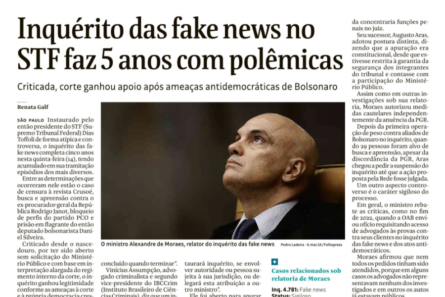 Inquérito das fake news no STF faz 5 anos com polêmicas