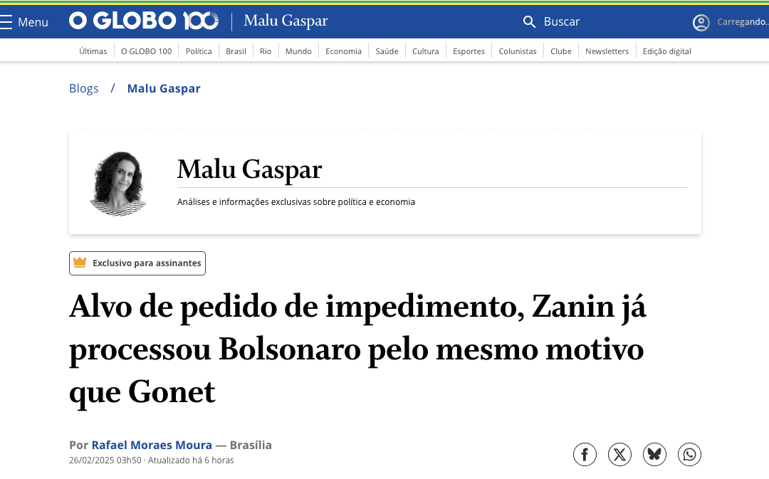 Alvo de pedido de impedimento, Zanin já processou Bolsonaro pelo mesmo motivo que Gonet